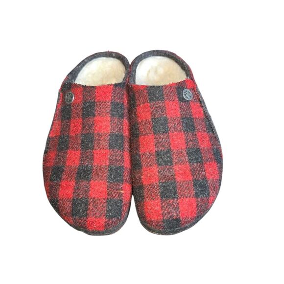Birkenstock Zermatt Shearling Red & Black Plaid Wool Felt Slippers Size 37/L6 M4 - Picture 2 of 11